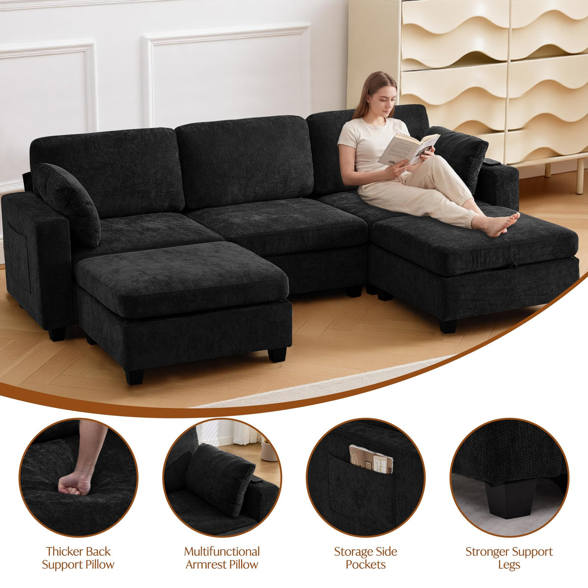 URRED 106" Modular Sectional Sofa with Storage, Convertible U Shaped Couch with Movable Ottoman, 5 Seat Modern Chenille Sectional Sofa for Living Room (Black, 106'')