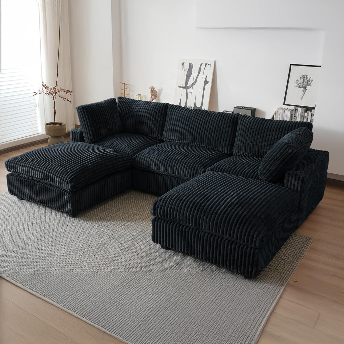 WJShome Cloud Couch Modular Sectional Sofa,118" Oversized V Shaped Sofa with Storage Ottoman for Living Room,Plush 6 Seater Convertible Sectional Couch,Covers Washable&Replaceable,Black
