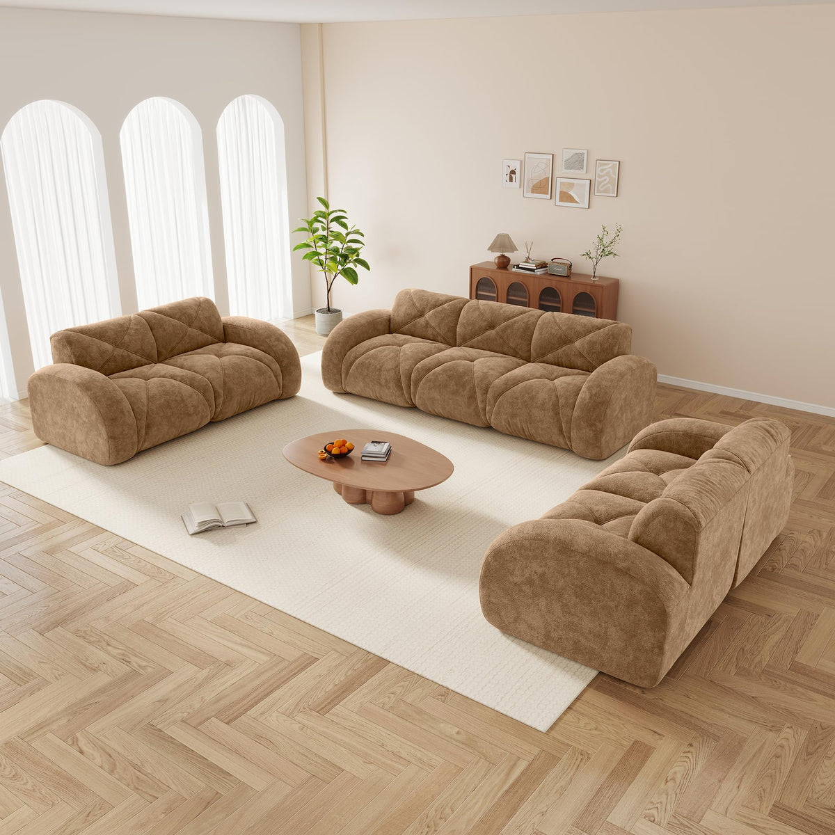 110.6" U Shaped Boneless Couch with Ottoman, Convertible Modular Sectional Cloud Sofa, Deep Seat 5 Seater Velvet Couch, 32D High Density Foam Sofas for Living Room, No Assembly Required, Camel