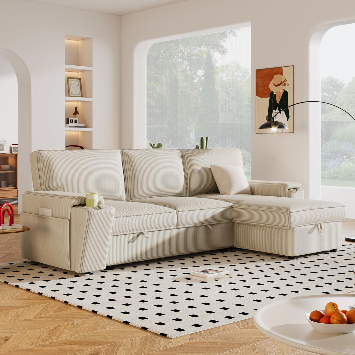 Upholstery Sleeper Sectional Sofa with Storage Bags and 2 Cup Holders on Arms ZE366