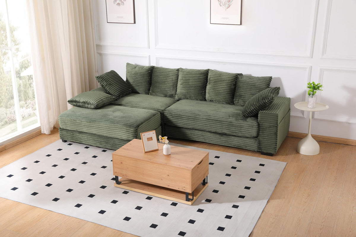 108.6" Sectional Sofa, Thickened Corduroy Sectional Couches for Living Room,Comfortable L Shaped Chaise Sectional Sofa with Storage Ottoman,Eight Throw Pillows,Green