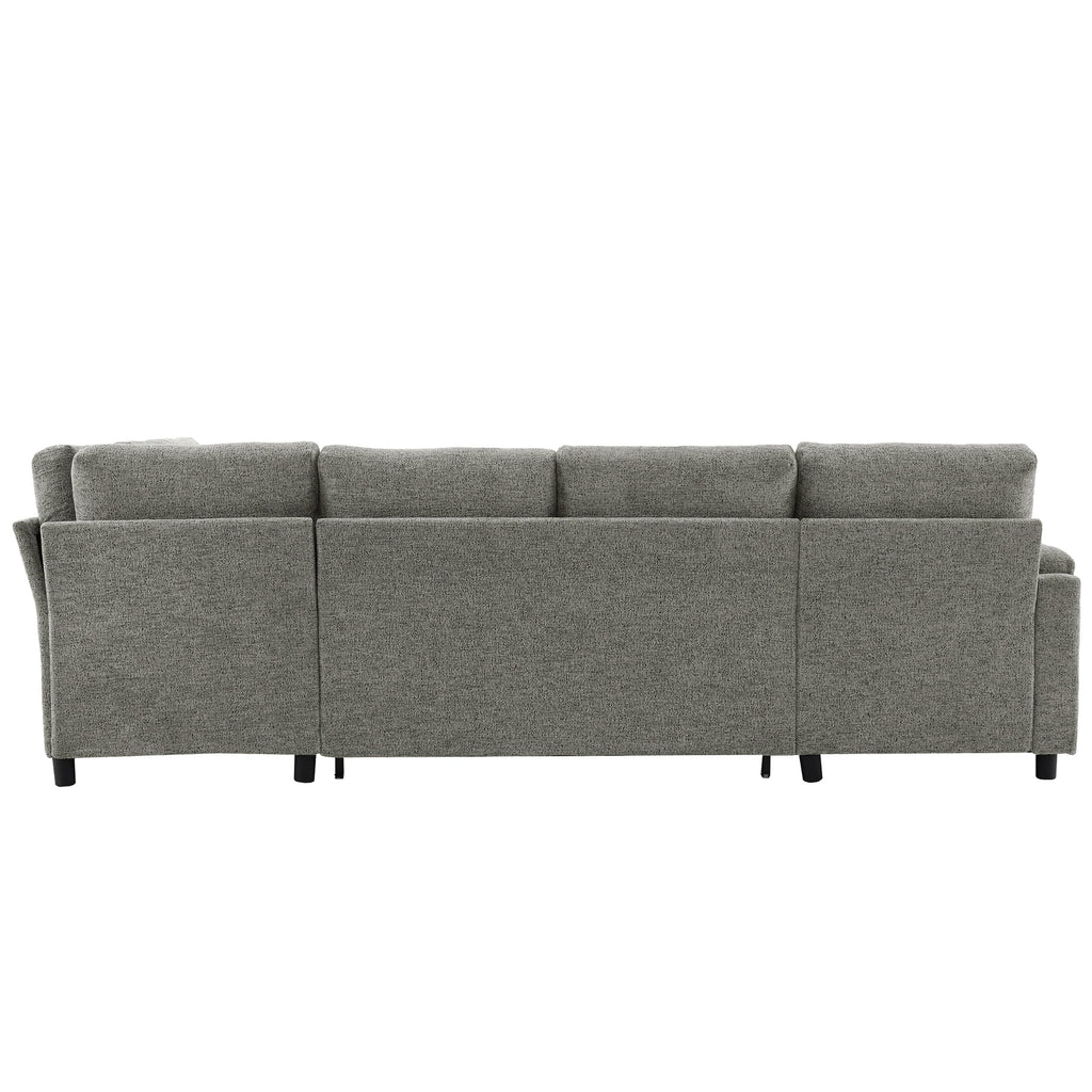 109.9" U-Shaped Sectional Sofa Bed Light Grey, Convertible Sofa with Storage Chaise, Built-in Cup Holders & Charging Ports, Chenille Fabric Living Room Furniture