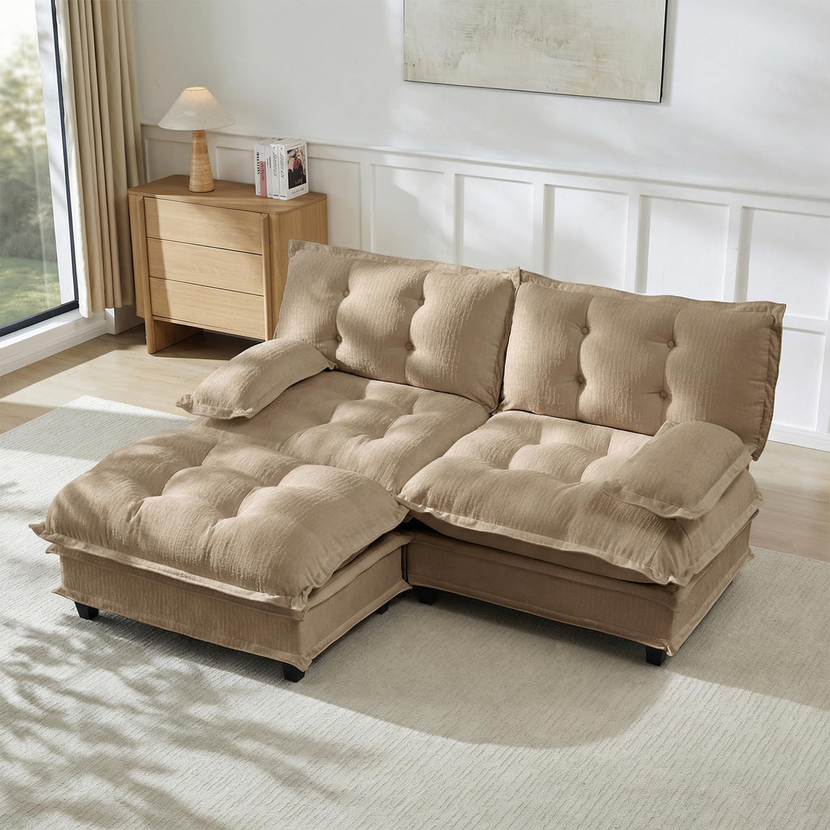 U Shaped Modular Sectional Sofa - 108" Chenille Cloud Deep Seat Couch with Ottoman, 5-Seat Comfy Lattice Decored Seat Cushion for Living Room, Apartment,Light Coffee
