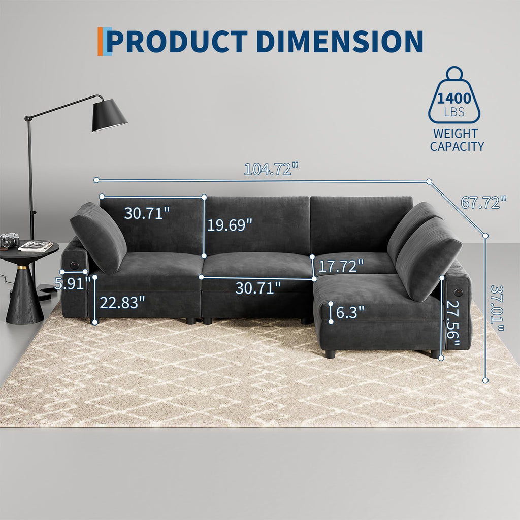 106" L-Shaped Modern Sofa Modular Sectional Cloud Couch with Charging Station, Convertible Sectional Sofa Sleeper Bed with USB/Type-C Port, Removble Chaise Sofa for Living Room, Apartment, Grey Velvet