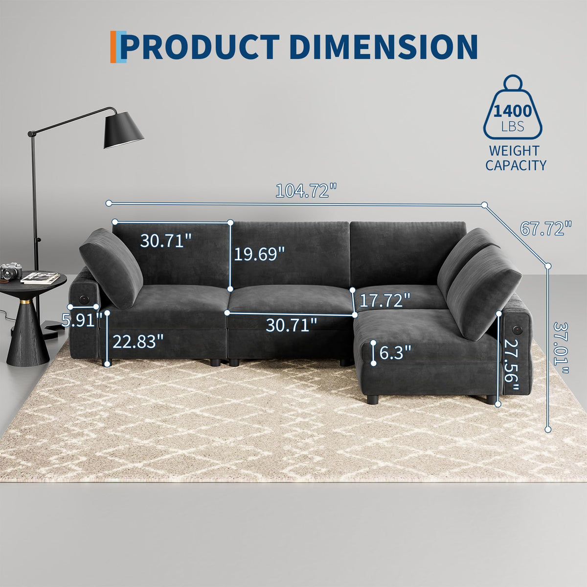 106" L-Shaped Modern Sofa Modular Sectional Cloud Couch with Charging Station, Convertible Sectional Sofa Sleeper Bed with USB/Type-C Port, Removble Chaise Sofa for Living Room, Apartment, Grey Velvet