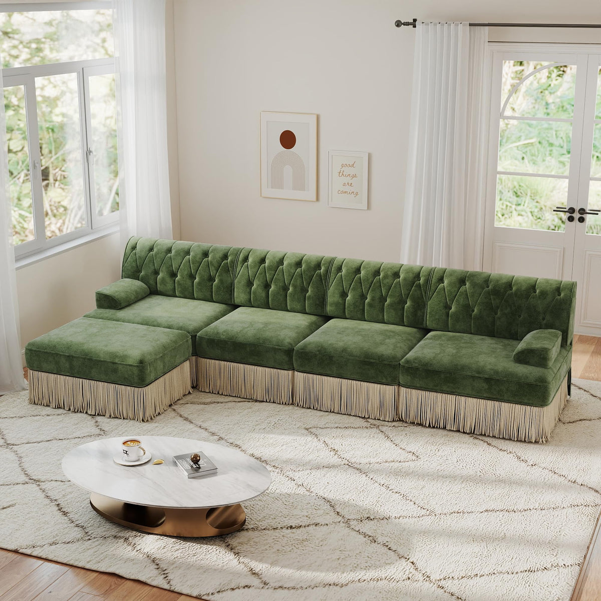 Unique Chesterfield Style Modular Sectional Sofa, 135.6” L-shaped Boneless Sofa with Velvet Fabric, Floor-grazing Tassel Fringe Skirt and Button Tufted Design for Living Room, Easy to Assemble, Beige