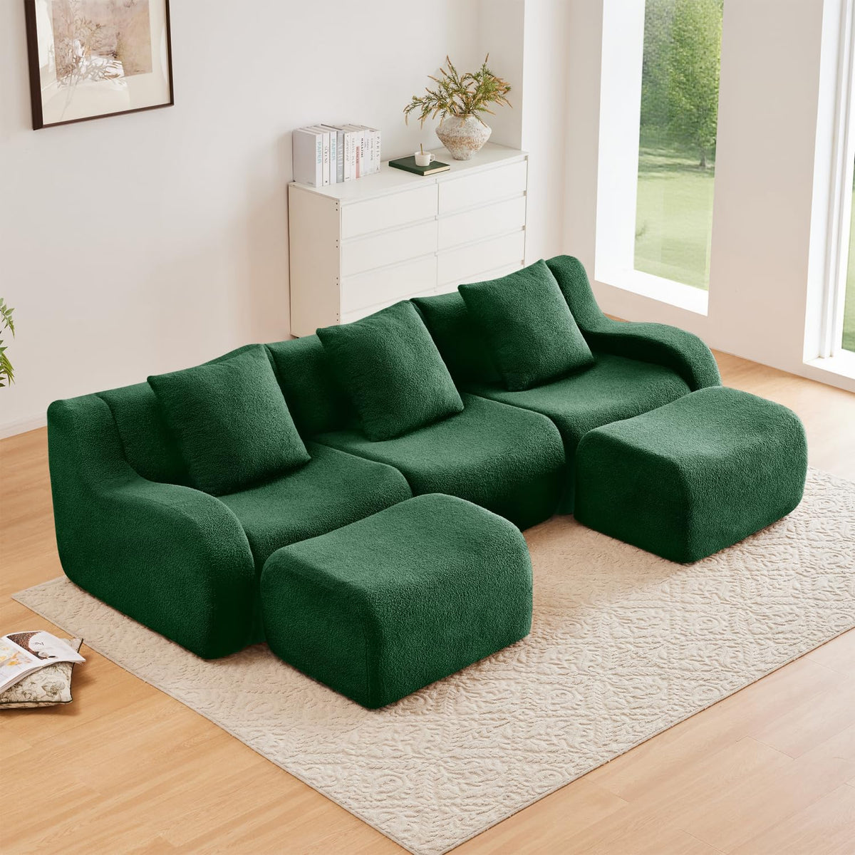 U-Shaped Teddy Fabric Sofa Green Modular Sectional Living Room Reading Nook Cozy Comfort