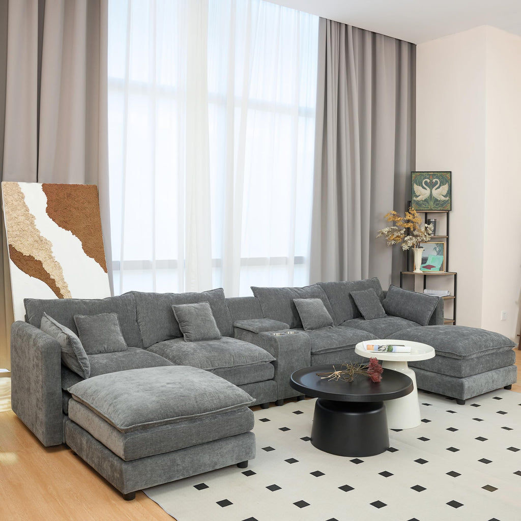 U Shaped Sectional Cloud Couch for Living Room,144" Comfy Fluffy Modular Sofa with Movable Ottoman Chenille 6 Seat Sectional Sofa Set with Storage Box, Cup Holders, Grey YP434