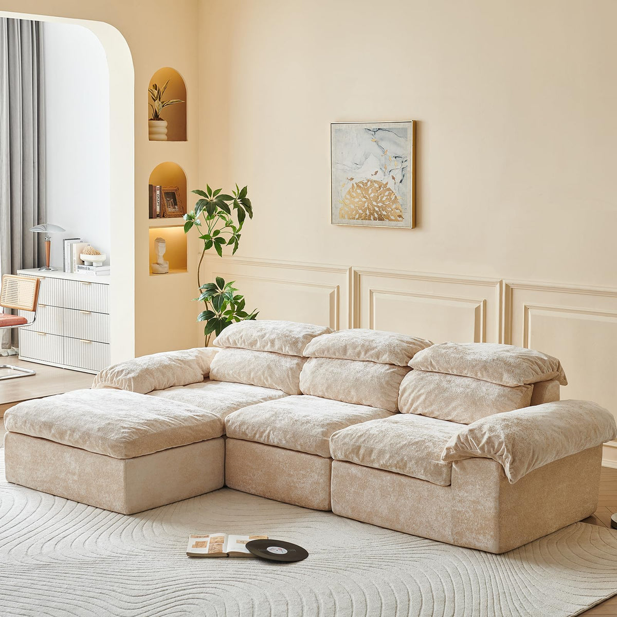 115.7" L Shaped Modular Sectional Sofa with Ottoman, Cloud Boneless Couch, Upholstered Sofa in a Box, Flexible Module Combination for Living Room, No Assembly, Grey