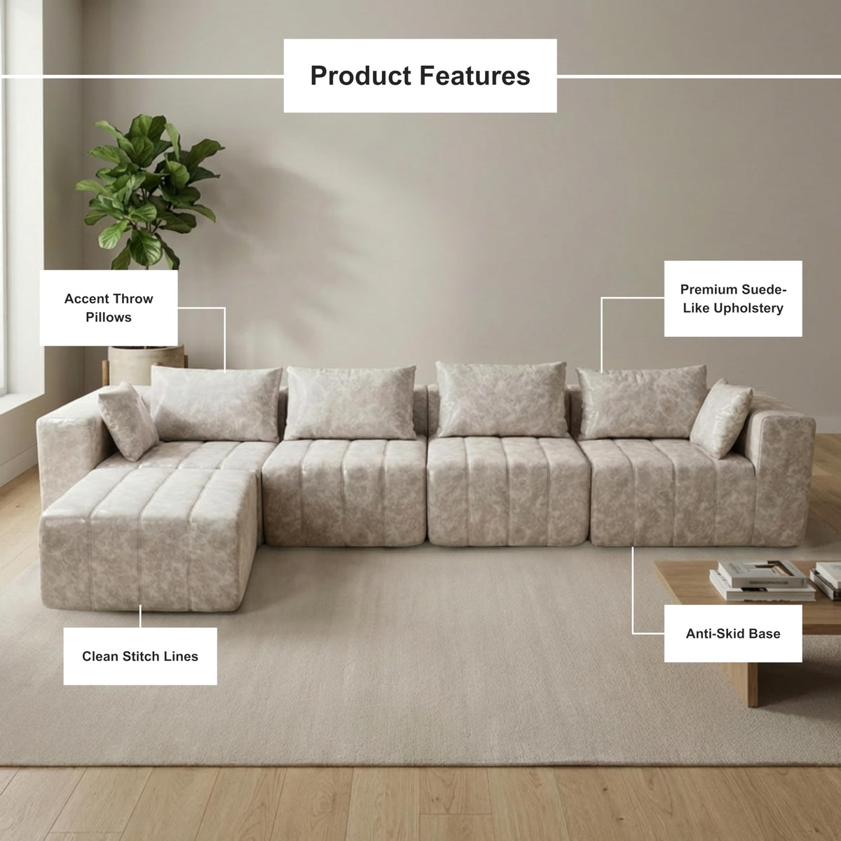 · REDEARTH · Boneless L Shaped Sectional Sofa in a Box, 5 Seater - Oyster