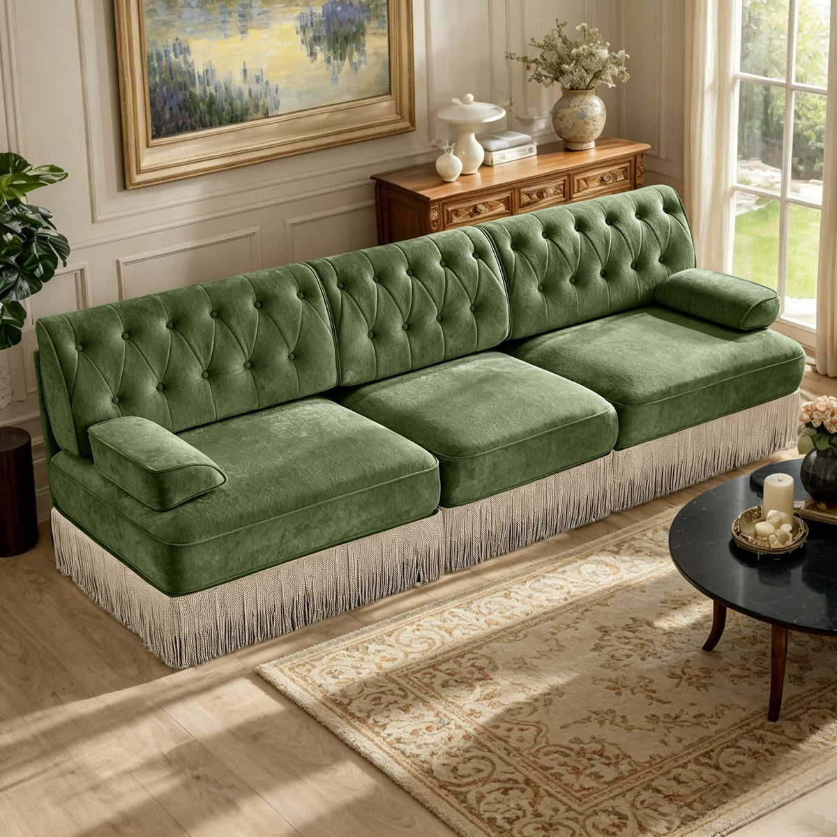 106'' Modern Chesterfield Style 3-Seater Sofa with 2 Ottoman, Upholstered Velvet Modular Sectional Sofa with Button Tufted, U Shape Deep Seat Cloud Sectional Couches for Living Room (Green)