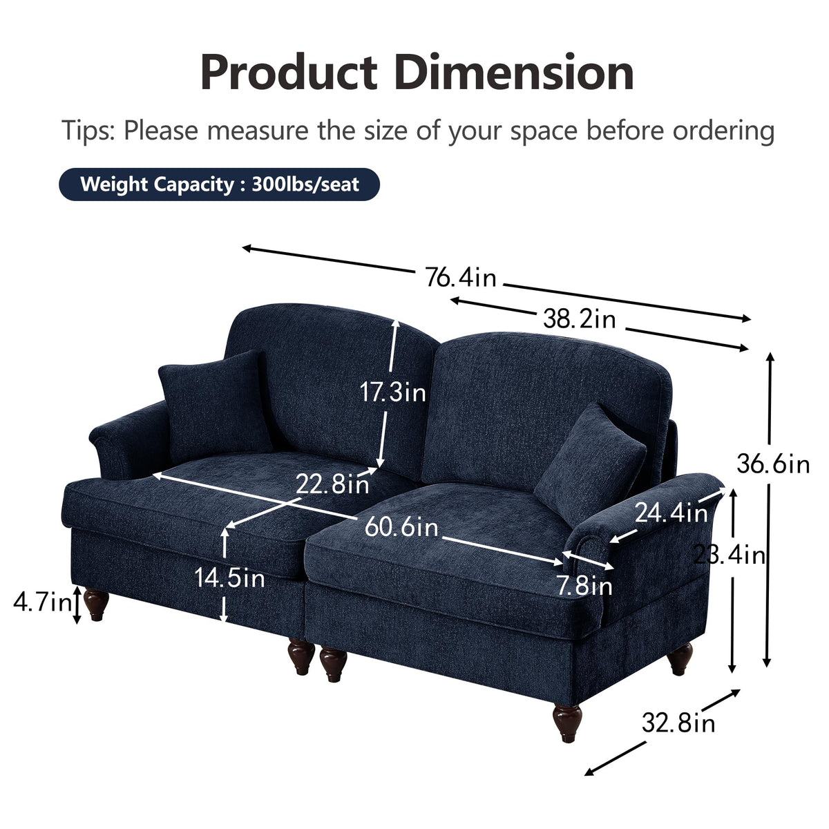 Tidyard Elegant Mid-Century Two-Seater Sofa with Flared Arms, Removable Ruffles, Spindle Legs & Chenille Fabric, Comfy Living Room Couch, Blue