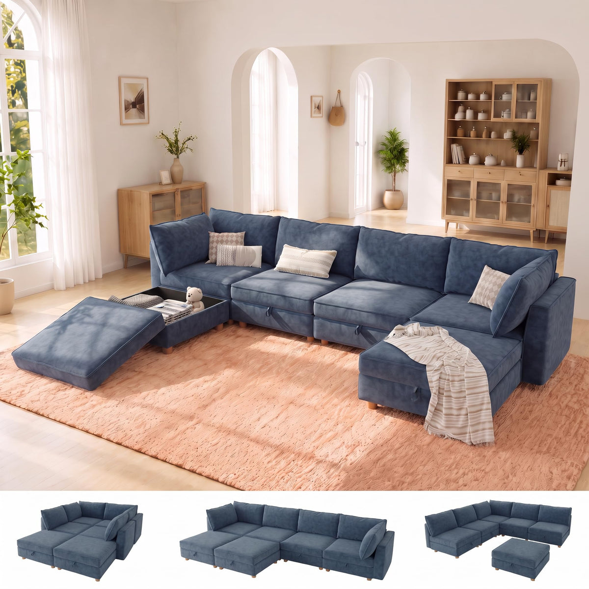 128'' Modular Sectional Sofa,8 Seat Chenille Sectional Sofa with Washable Covers,FSC Certified Modern Sectional Sofa with Storage & Ottoman,Convertible U/L Shaped Couch,Beige Couches for Living Room