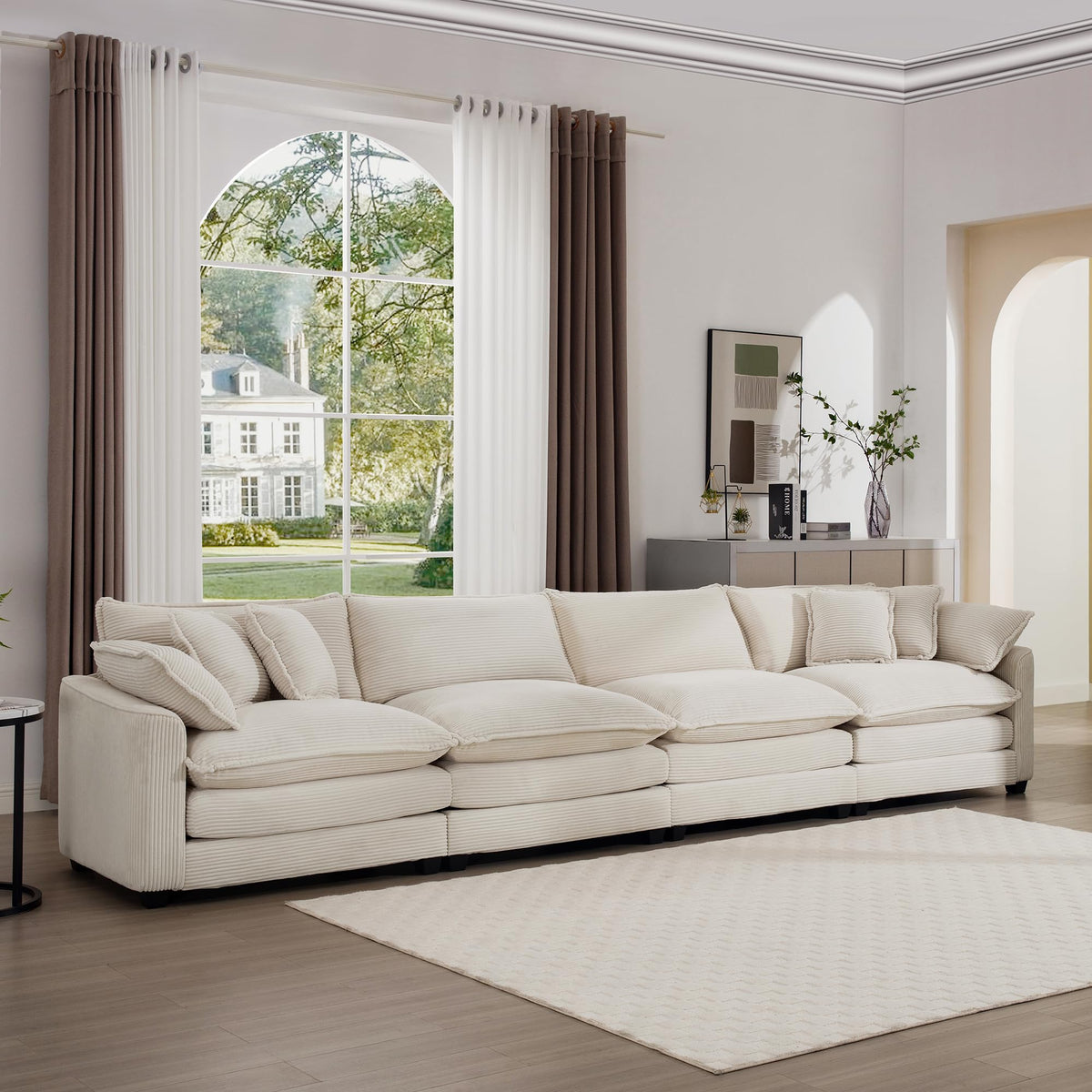 Upholstered 4 Seater Fabric Sofa with Comfortable Back Cushions, Seat Cushions and Pillows, Light Beige Corduroy Sofa, TM388
