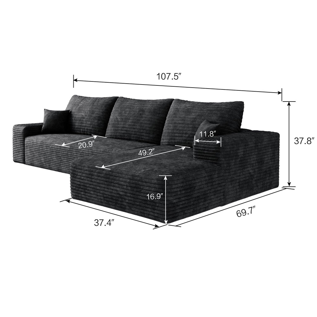 107" Cloud Sectional Couch with L Shape Chaise,Modular Sofa with Deep Seat, Upholstered Couches for Living Room Bedroom,No Assembly Required, Black(Plush Corduroy Fabric) IK741