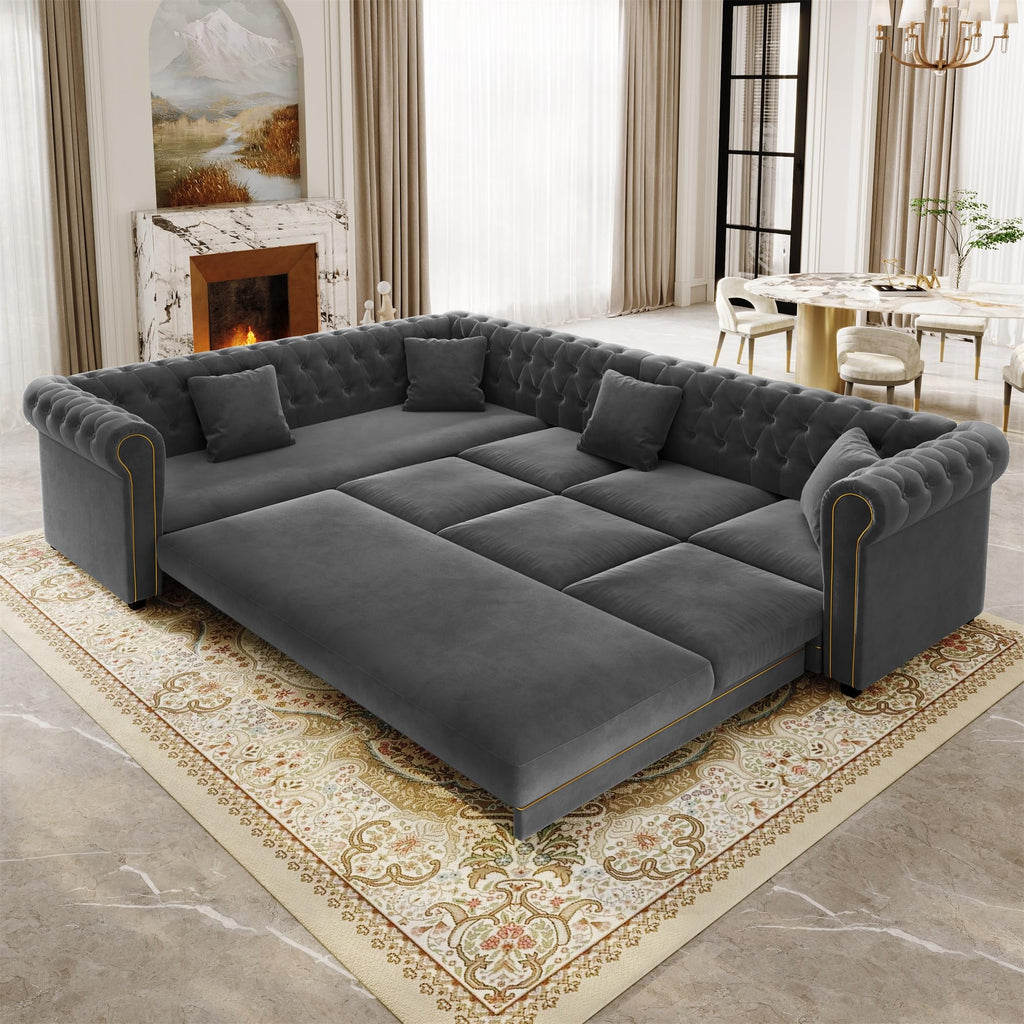 115'' Velvet L-Shaped Convertible Button Tufted Sleeper Sofa Couch, Luxury Oversized Pull-Out Sofa Bed with Gold Trim Rolled Arms and Throw Pillows for Living Room