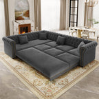 115'' Velvet L-Shaped Convertible Button Tufted Sleeper Sofa Couch, Luxury Oversized Pull-Out Sofa Bed with Gold Trim Rolled Arms and Throw Pillows for Living Room