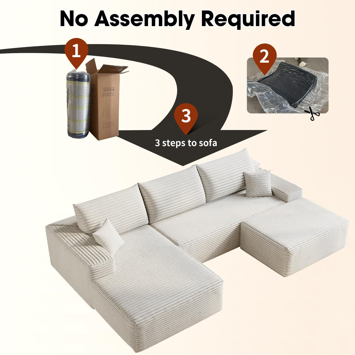 107" Plush Corduroy Deep Seat Chaise Lounge Indoo, Modern Boneless Compressed Floor Sectional Sofa with High-Resilience Foam, Free Combination Modular Cloud Sectional Sofa for Living Room, White