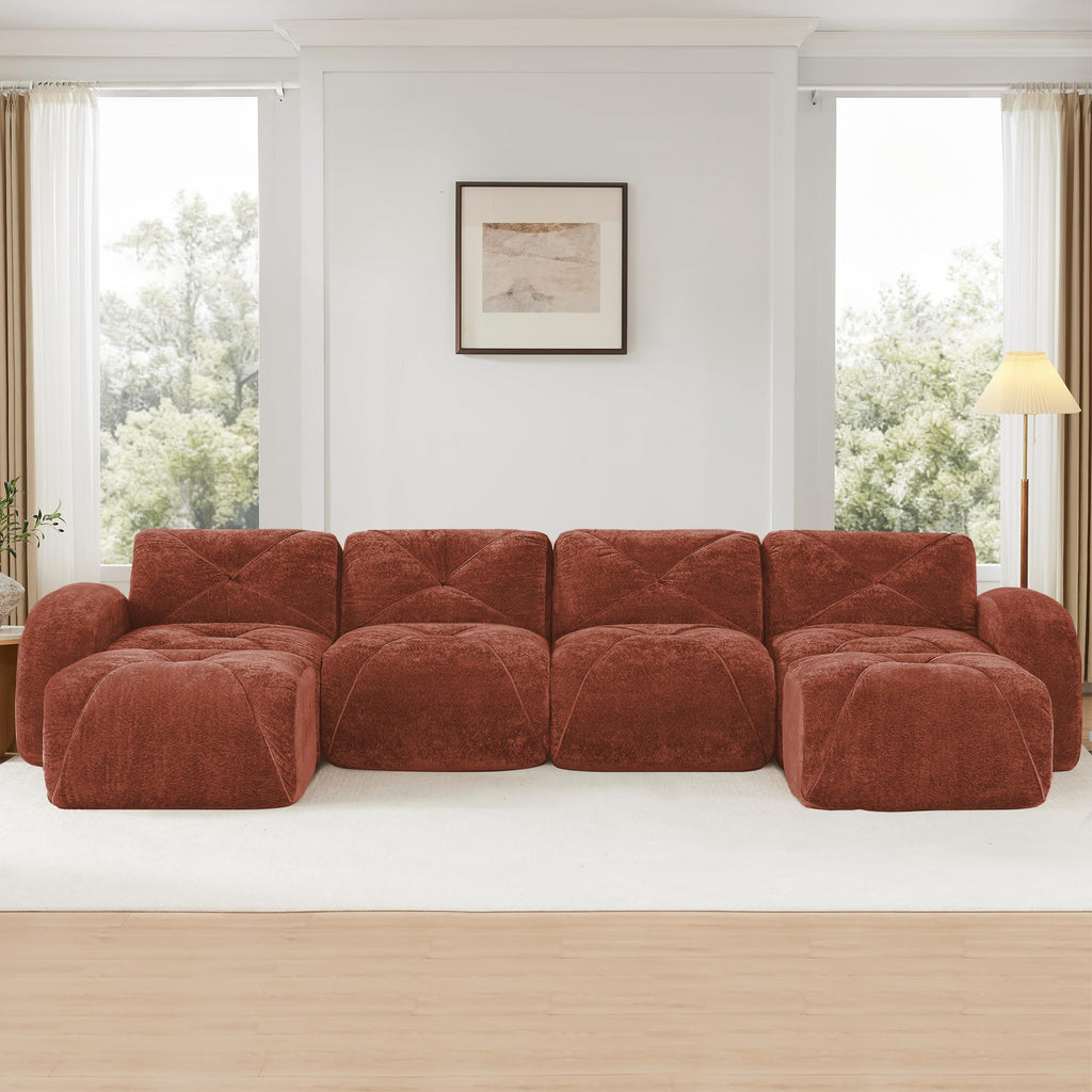 U Shaped Boneless Sofa,Tufted Design,32D High Density Sponge Bottom,Anti Slip Design,No Assembly Required,Free Combination,Movable Ottomans for Living Rooms,Home Theater,Red Brown