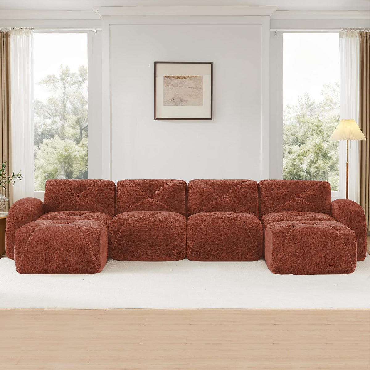 U Shaped Boneless Sofa,Tufted Design,32D High Density Sponge Bottom,Anti Slip Design,No Assembly Required,Free Combination,Movable Ottomans for Living Rooms,Home Theater,Red Brown