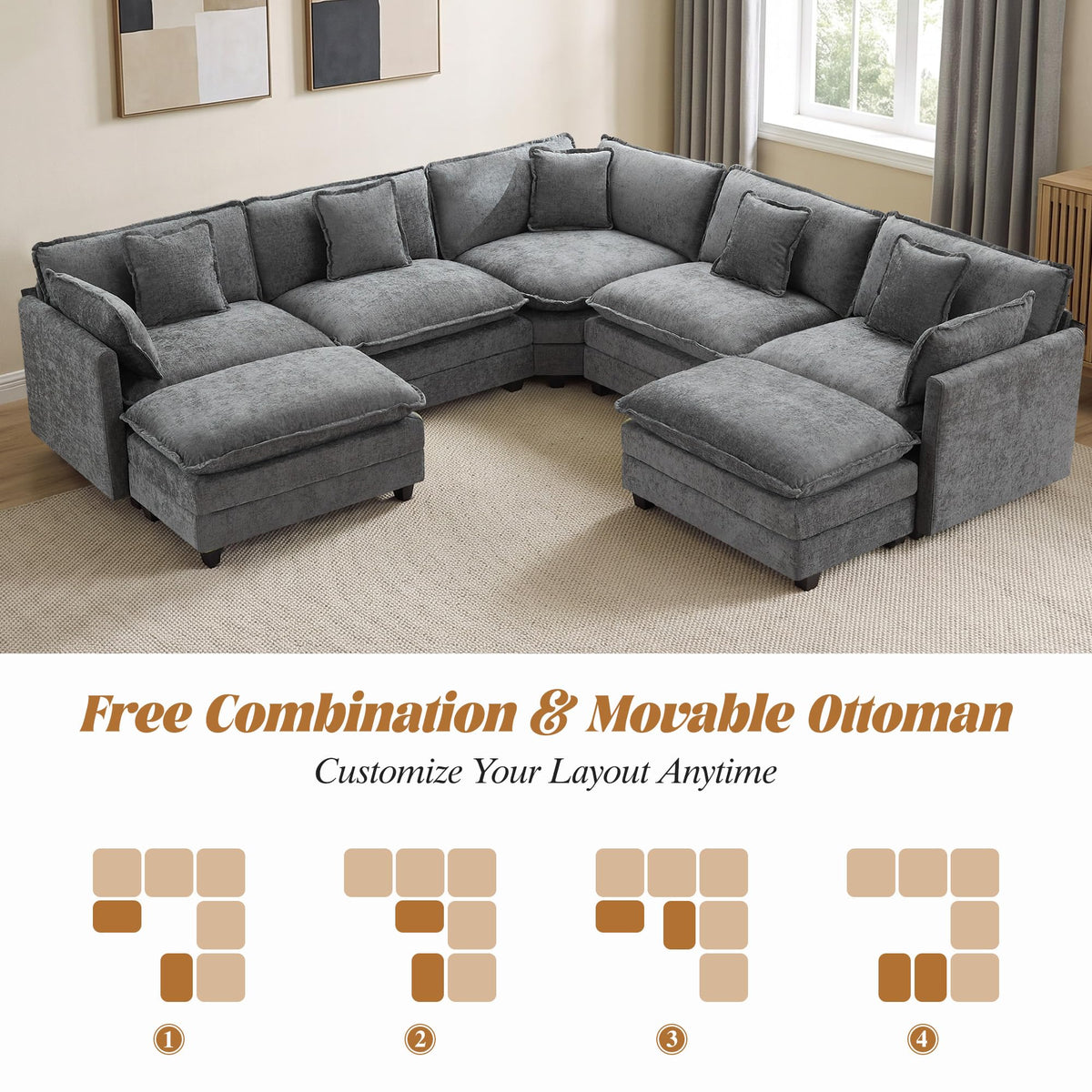 113" V-Shaped Cloud Couch, Modular Sectional for Living Room, Light Grey