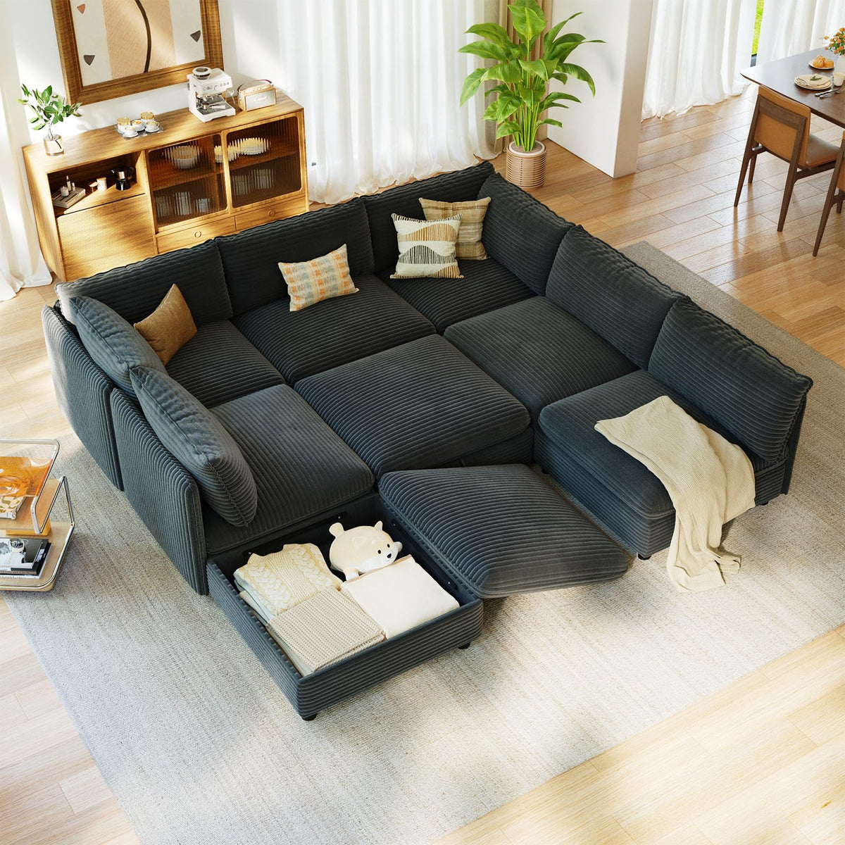 10 Seat Oversized Modular Sectional Couch Bed with Hidden Storage and Movable Ottomans Corduroy Upholstered Deep Seat for Sectional Couches for Living Room Bedroom, Blue