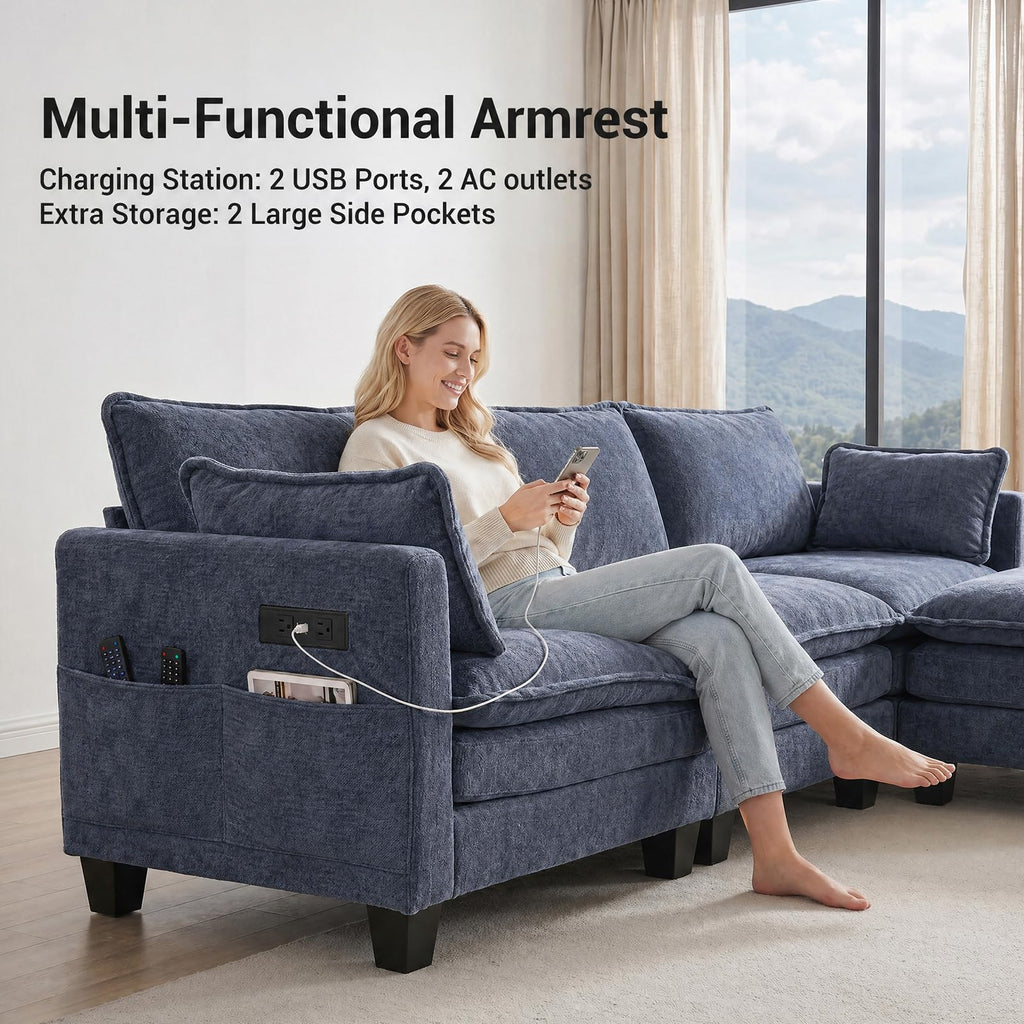108" Modular Sectional Sofa Cloud Couch - U Shape Sofa with Charging Station Side Storage - Chenille Comfy Couches with Ottoman Movable for Living Room Bedroom Apartment Office, Blue