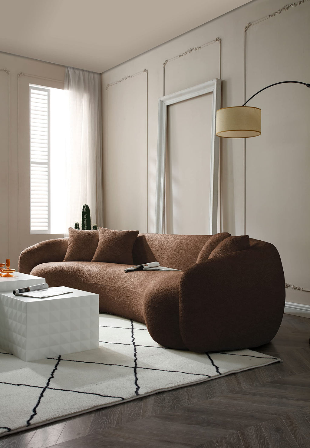 102'' Modern Minimalist Curved Lounge Sofa Oversized Teddy Velvet Fabric Upholstered 5-Seater Comfortable Half-Moon Sofa with 4 Cushions for Offices, Apartments and Living Rooms (Brown + Boucle)