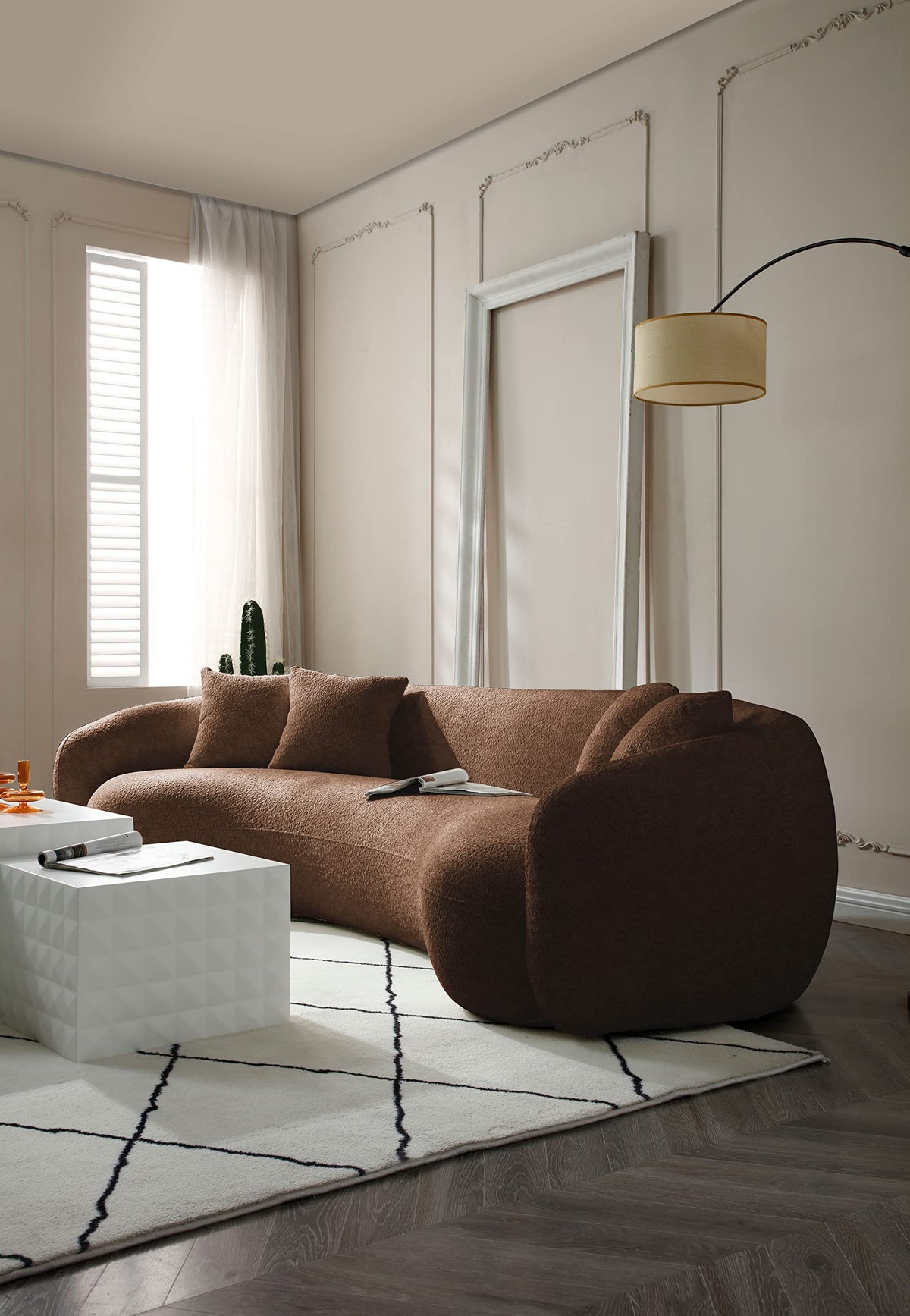 102'' Modern Minimalist Curved Lounge Sofa Oversized Teddy Velvet Fabric Upholstered 5-Seater Comfortable Half-Moon Sofa with 4 Cushions for Offices, Apartments and Living Rooms (Brown + Boucle)