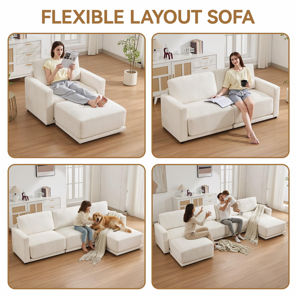 110.6" Modular Sectional Sofa with Ottoman, Upholstered L Shaped Sectional Couch with Thick Cushions, Oversized Chenille Comfy 4 Seater Sofas for Living Room, Easy Assembly, White