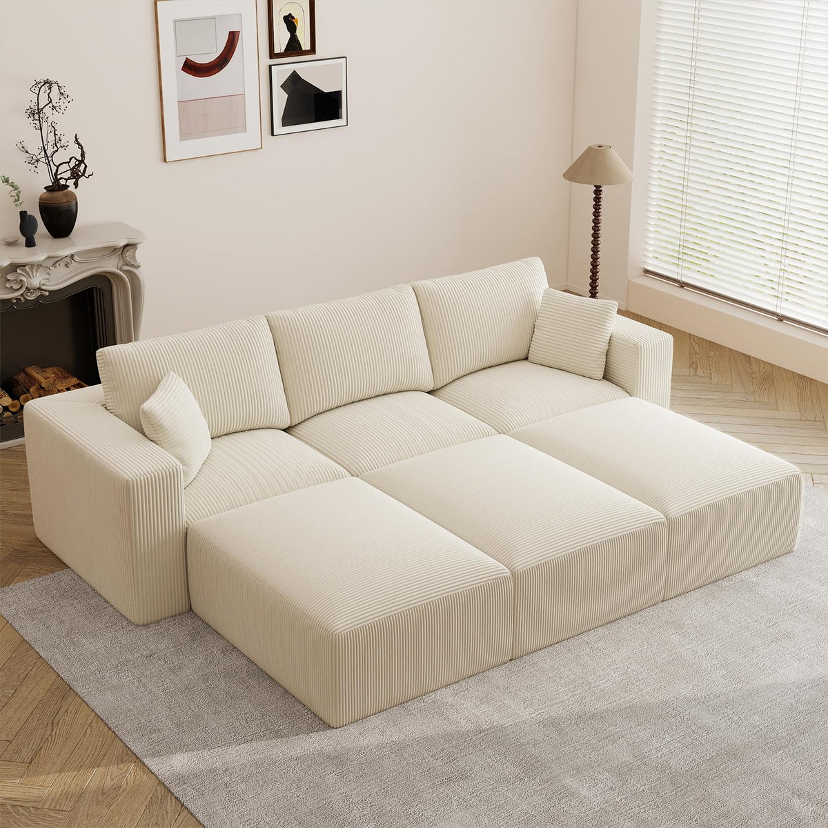 79" Modular Sectional Sofa, Cloud Couch Loveseat Memory Foam Boneless Couch with Chaise, Cozy Upholstered Corduroy Floor Couch, No Assembly Required Living Room Furniture for Apartment, Beige