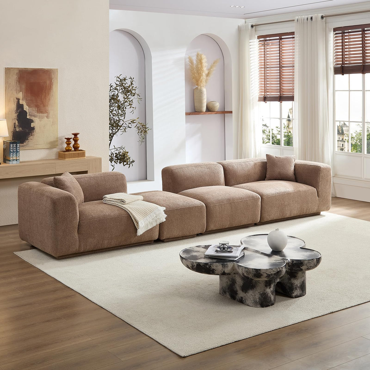 125 in. L-Shaped Modular Sectional Sofa with Ottoman, Brown