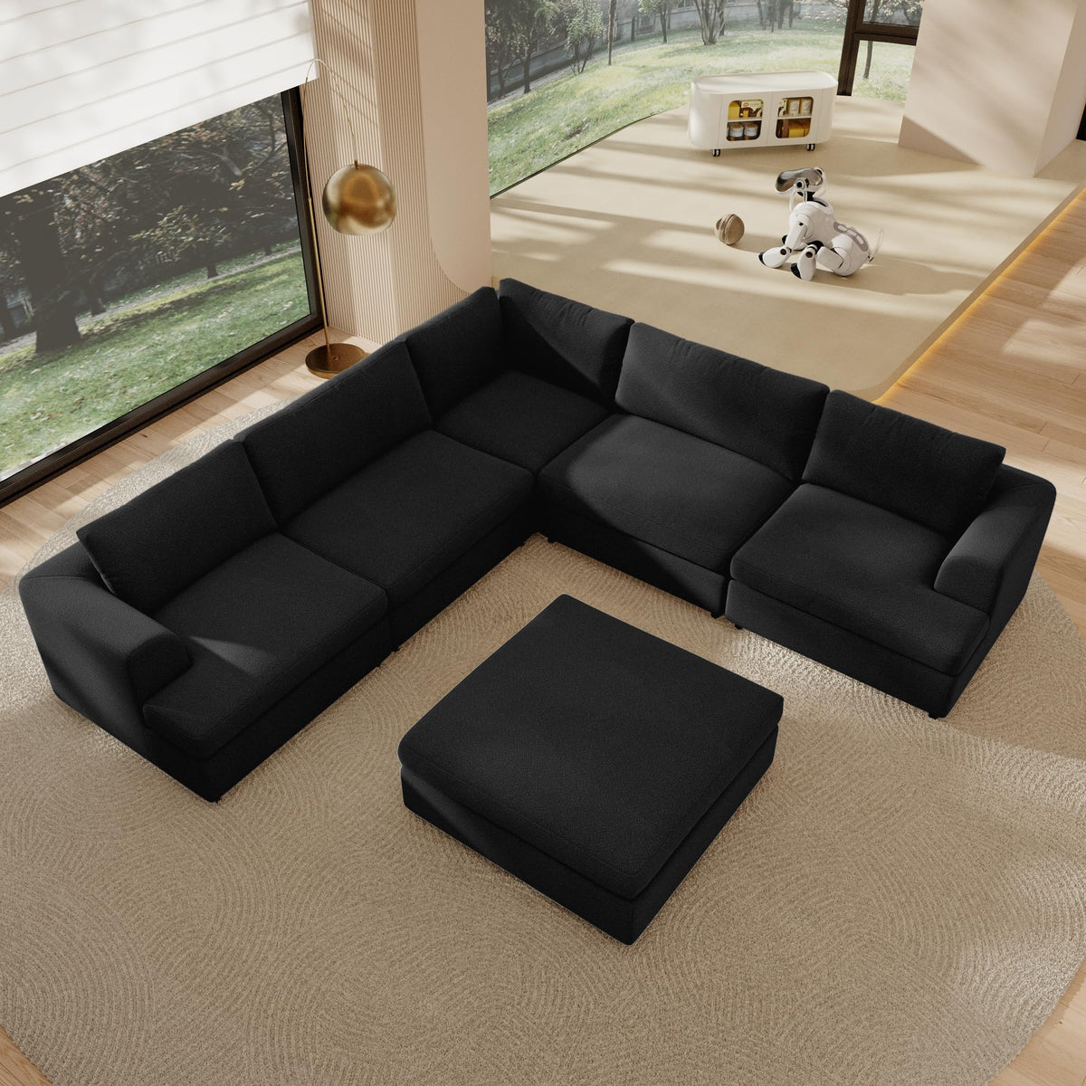 118" V Shape Sectional Sofa Couch, Modern Modular Boucle Cloud Couch with Flexible Layout, Oversized Comfy Upholstered Modular 5-Seats Sectional Couch, White