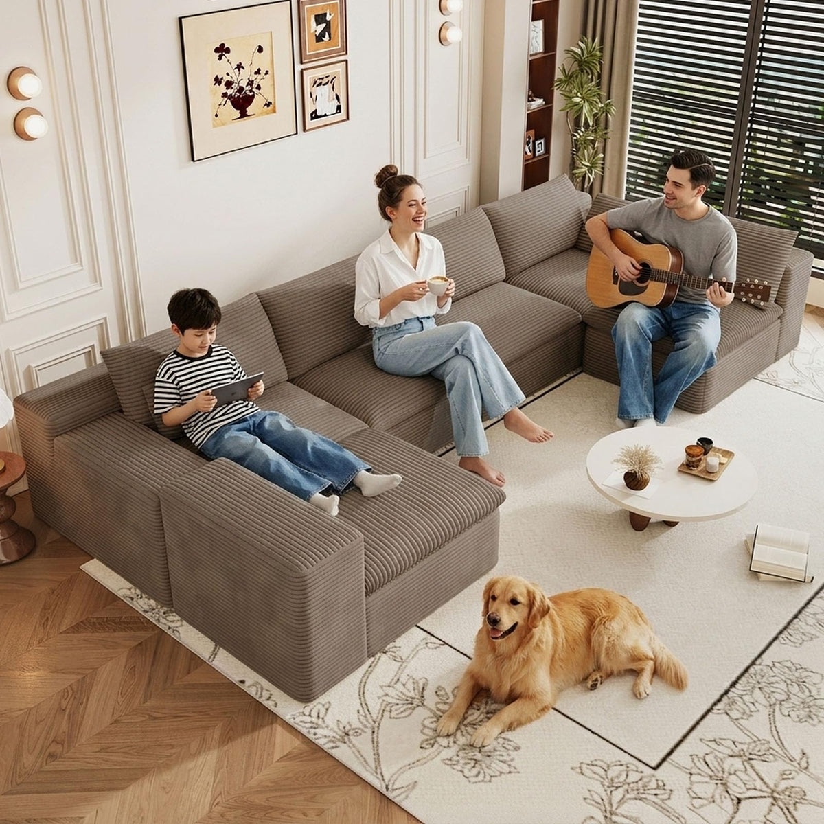 107" Cloud Couch Modular Sectional Couchs with Chaise Lounge, U-Shape Boneless Couches with Ottoman for Living Room, Corduroy Sofa with Deep Seat, No Assembly Required (Green, Left Facing Chaise)