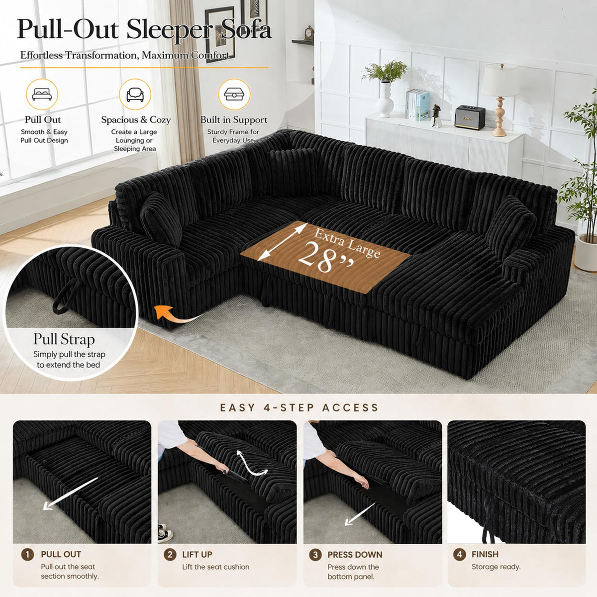 122 Inch Oversized U-Shaped Corduroy Sectional Sleeper Sofa with Pull Out Bed, Fluffy Plush Convertible Couch Bed with Storage Chaise for Living Room, Black