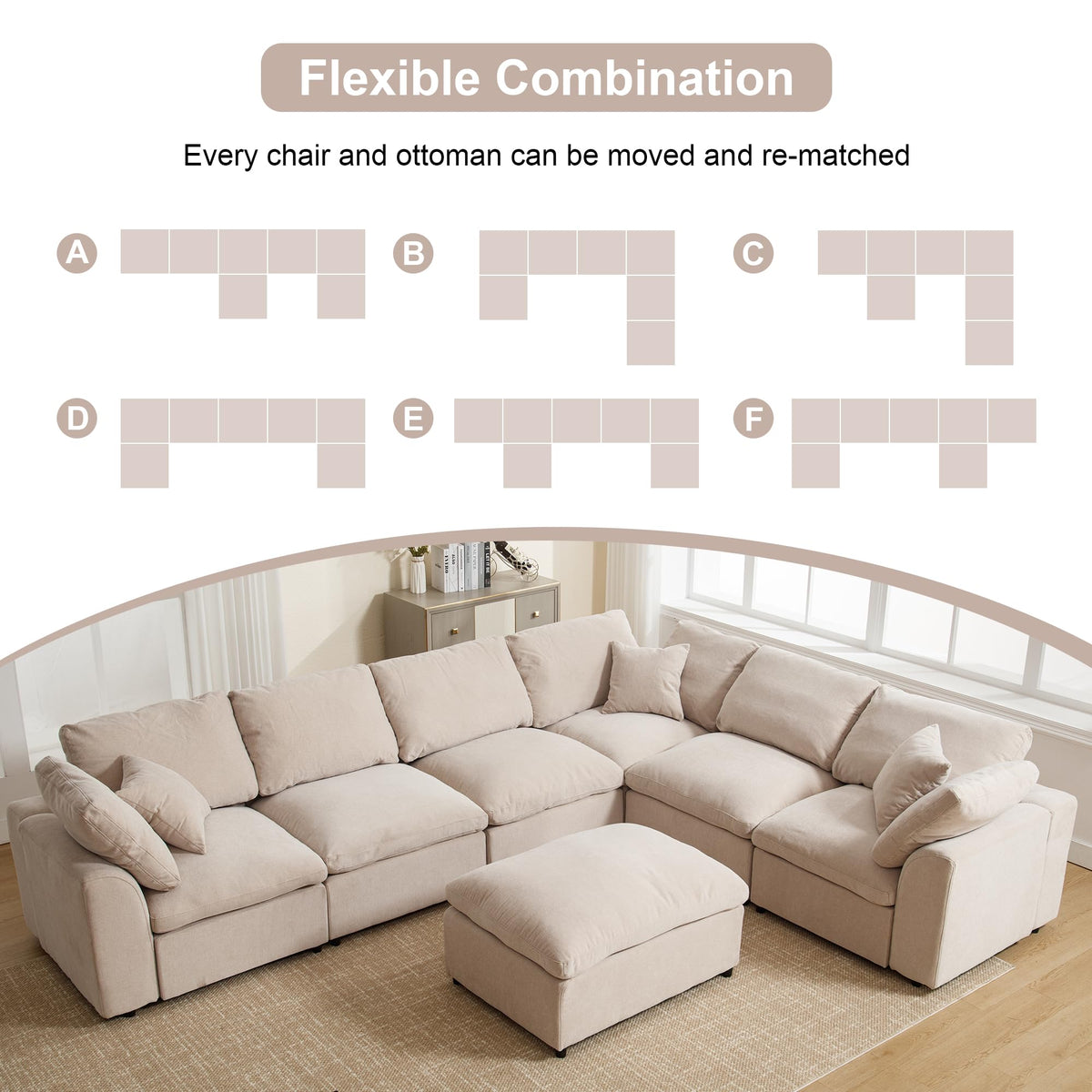 129.3" Oversized Modular Sectional Couch, Cloud U Shaped Couch with Movable Ottoman, Comfy Large 7 Seat Corner Couches for Living Room, Apartment, Beige