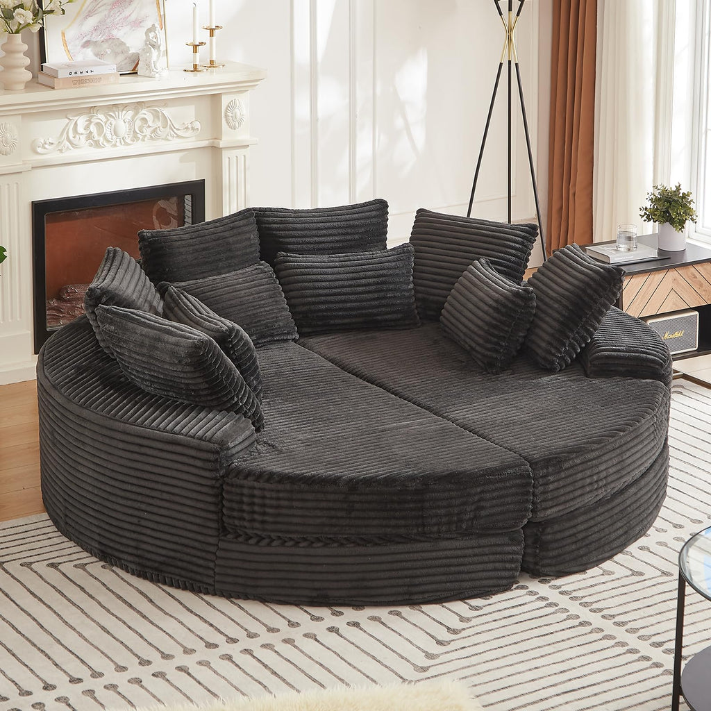 78'' Oversized Round Sleeper Sofa Bed, Convertible Circle Chaise Lounge Chair Indoor, Modern Fluffy Plush Corduroy Cloud Boneless Couch, Assembly Free, Comfy Bean Bag for Living Room, Black