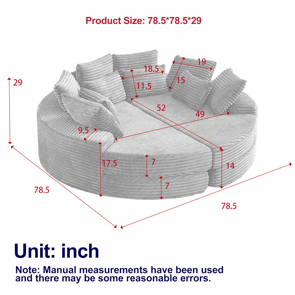 78'' Oversized Round Sleeper Sofa Bed, Convertible Circle Chaise Lounge Chair Indoor, Modern Fluffy Plush Corduroy Cloud Boneless Couch, Assembly Free, Comfy Bean Bag for Living Room, Black