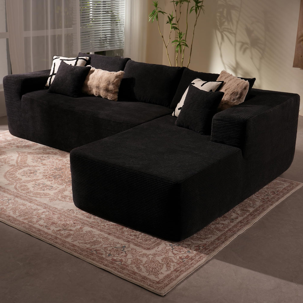 106" Cloud Sectional Couch with L-Shape Chaise & Ottoman, No Assembly Modular Sofa, Deep Seat Plush Corduroy Boneless Couched for Living Room (Black Plush Corduroy, L Shape with Ottoman-Left Facing)