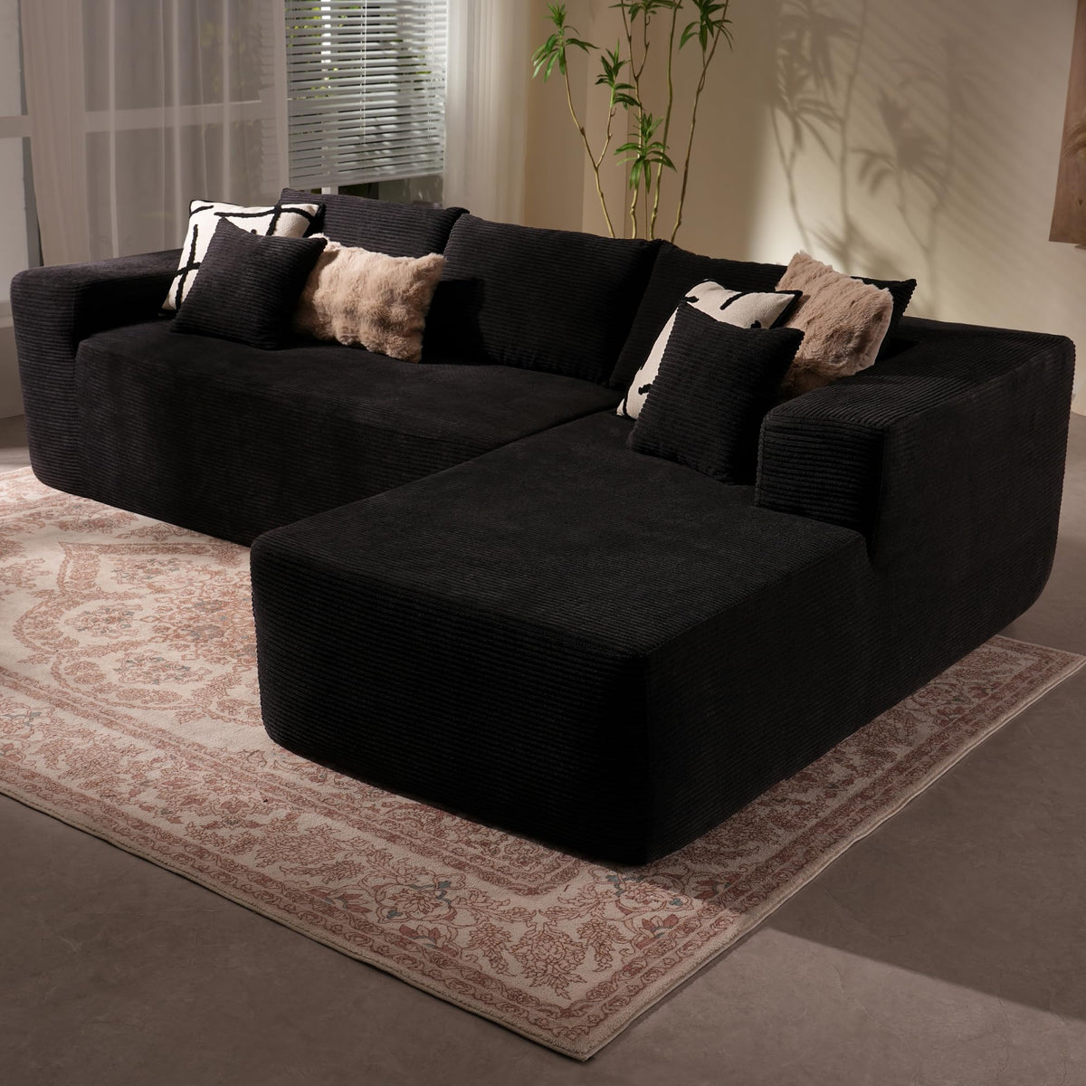 106" Cloud Sectional Couch with L-Shape Chaise & Ottoman, No Assembly Modular Sofa, Deep Seat Plush Corduroy Boneless Couched for Living Room (Black Plush Corduroy, L Shape with Ottoman-Left Facing)