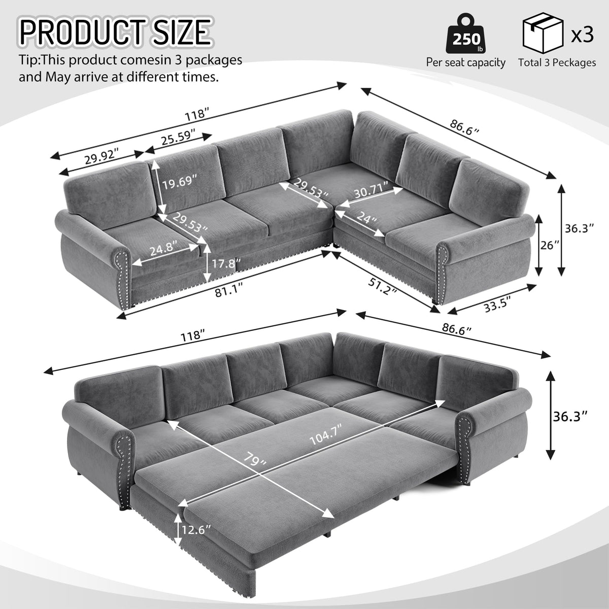 118" L-Shaped Sofa Couch with Pull-Out Bed,Oversize Convertible Sleeper Sofa with Nailhead Trim & Rolled Arm,Chenille Upholstered Sectional Couches,Light Grey