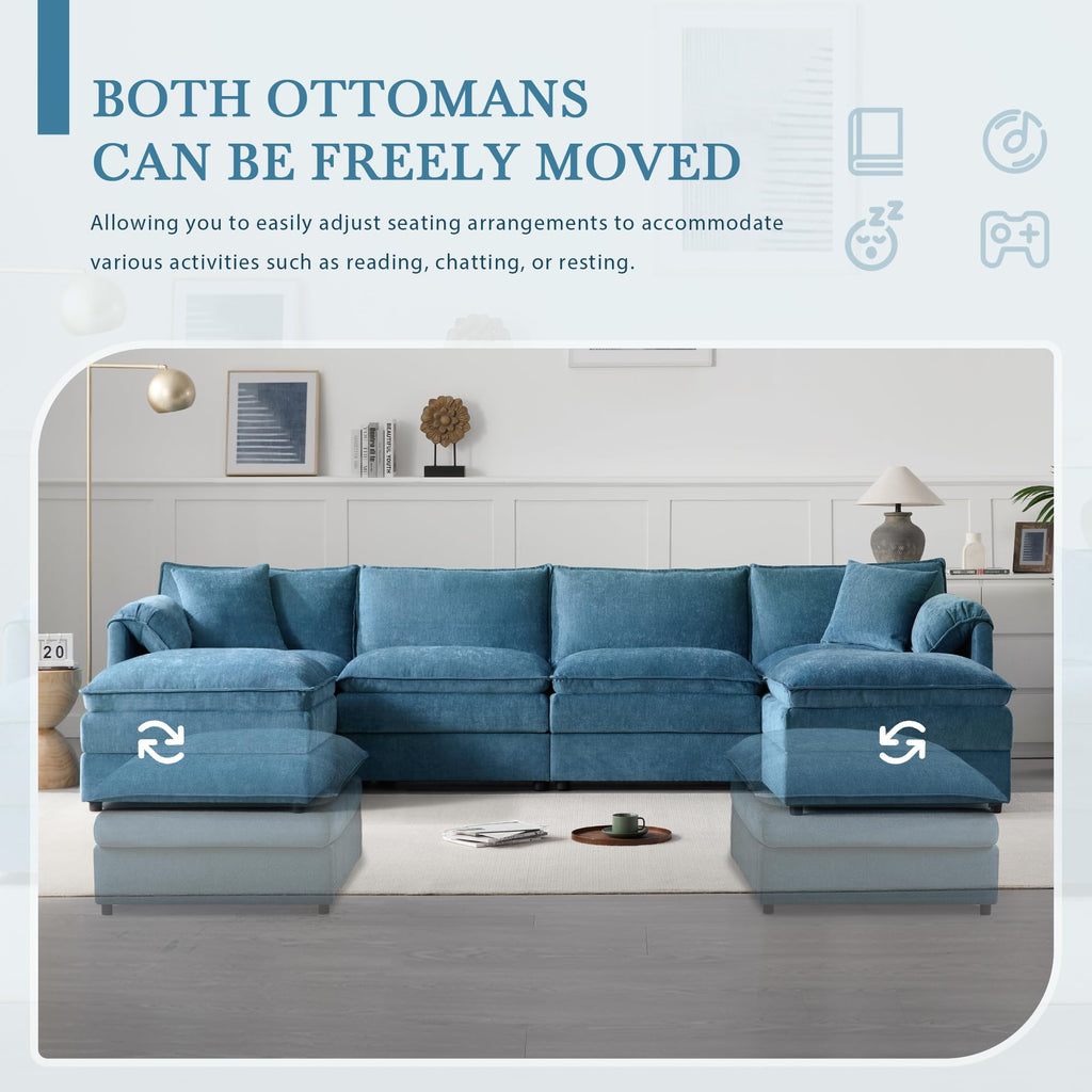[NEW SKU of N723S1687C] 136" Chenille Modular Sectional Sofa with Deep and Wide Seat, U-Shaped Cloud Couch Set with Double Cushions, 6 Seat Sofa with Movable Ottoman, Oversized Indoor Furniture Enhan