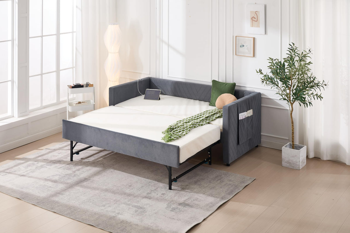 Twin Size Upholstered Daybed with Trundle,USB Port,Side Pockets, V Grained backrest Design,No Box Spring Needed, for Bedroom, Guest Room (Grey, Twin)