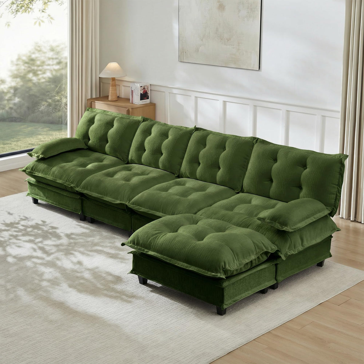 U Shaped Modular Sectional Sofa - 108" Chenille Cloud Deep Seat Couch with Ottoman, 5-Seat Comfy Lattice Decored Seat Cushion for Living Room, Apartment,Light Coffee