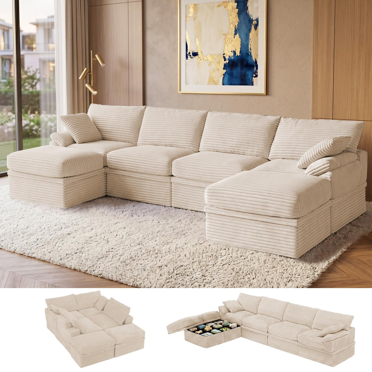 107'' Modular Sectional Sofa with Storage, L-Shaped Boneless Couch