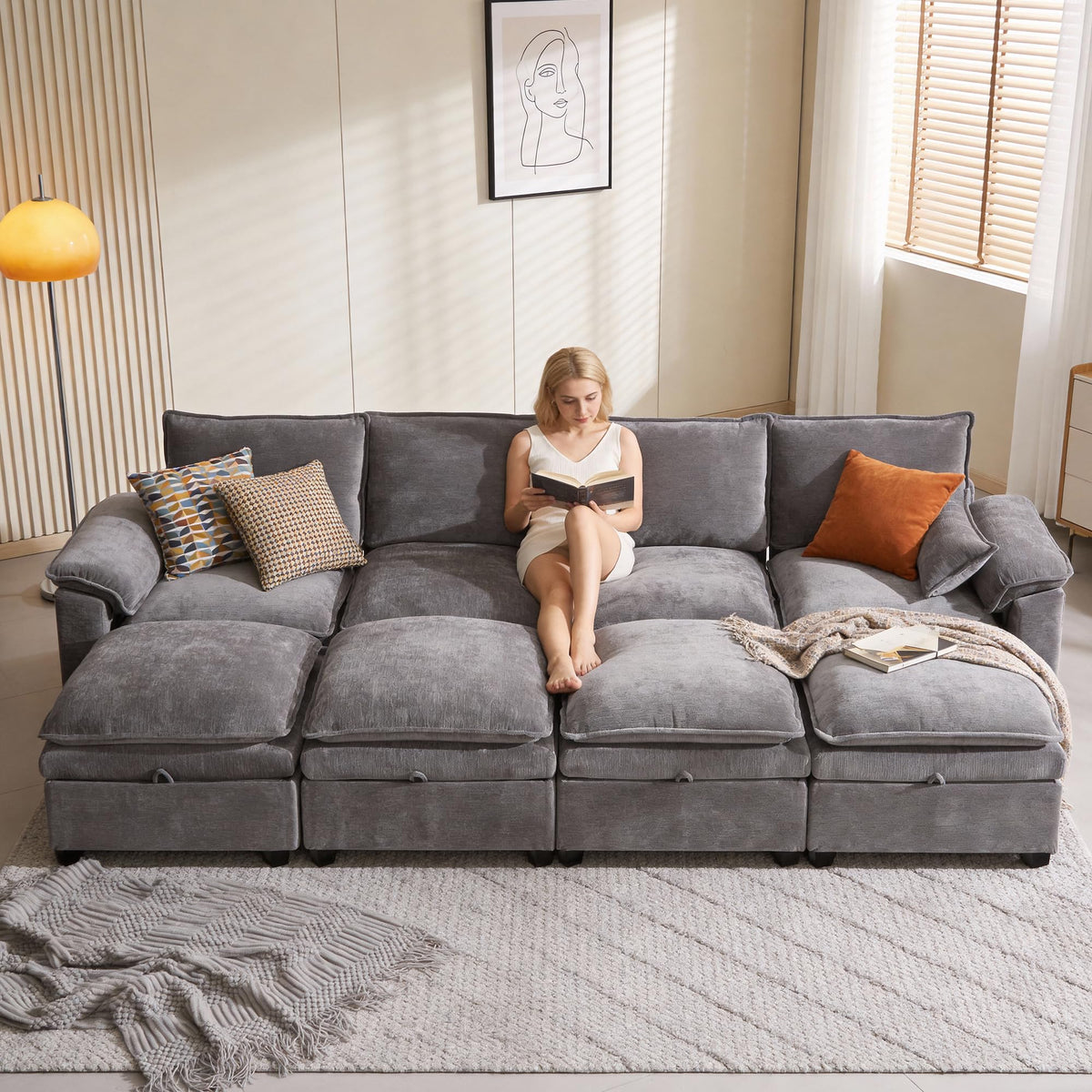 108" Modular Sectional Sofa with Storage Ottoman, Sectional Couches for Living Room, Chenille U Shaped Cloud Couch with Pillow, Deep Seater Sofa for Apartment (Light Gray, 4 Seater with 4 Ottoman)