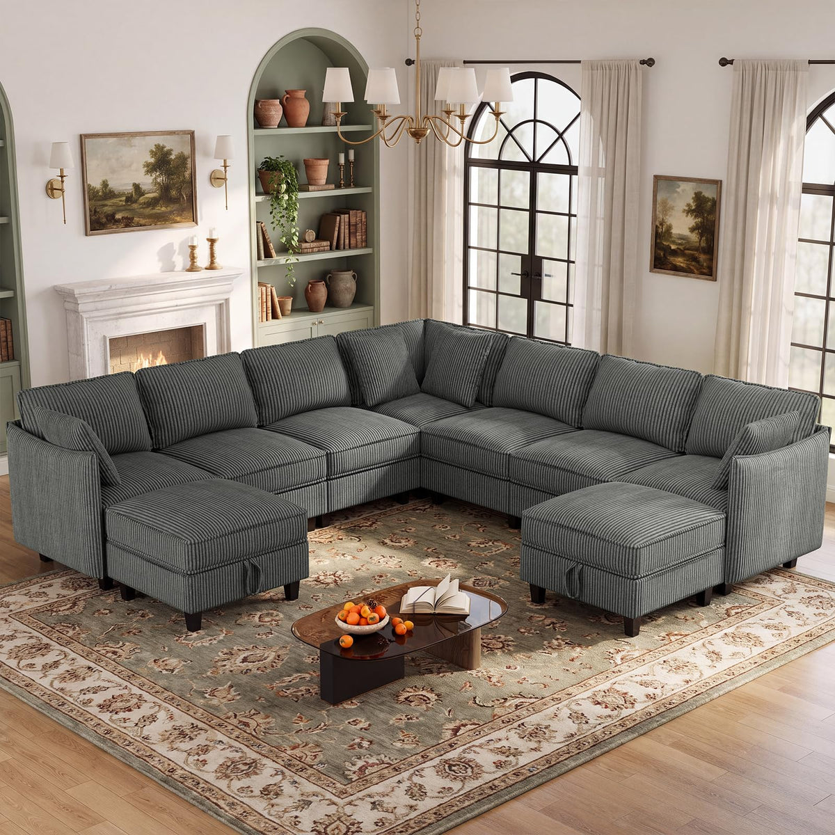 WorthFurni 84.8" Modular Sectional Sofa, 6 Seater Corner Sofa Modern V-Shaped Couch with 1 Storage Ottoman, Comfortable Corduroy Sofa with Throw Pillows for Living Room, Apartment, Green