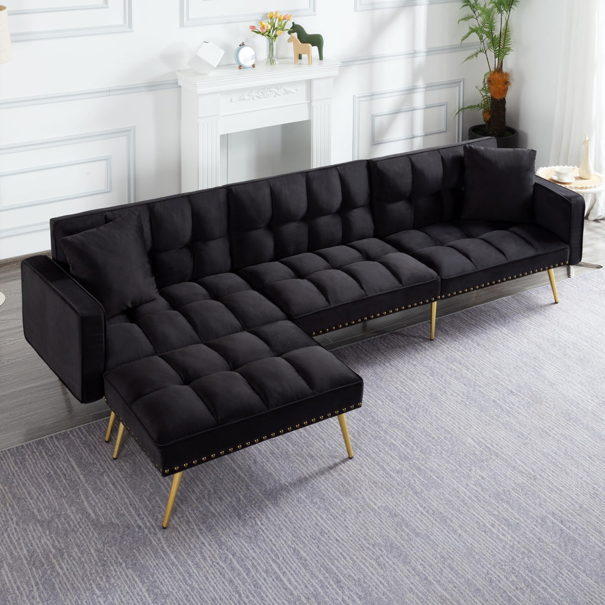 107in Sectional Sleeper Sofa with Split Back, Velvet, Golden Metal Legs, 5 Adjustable Positions, 2 Toss Pillows