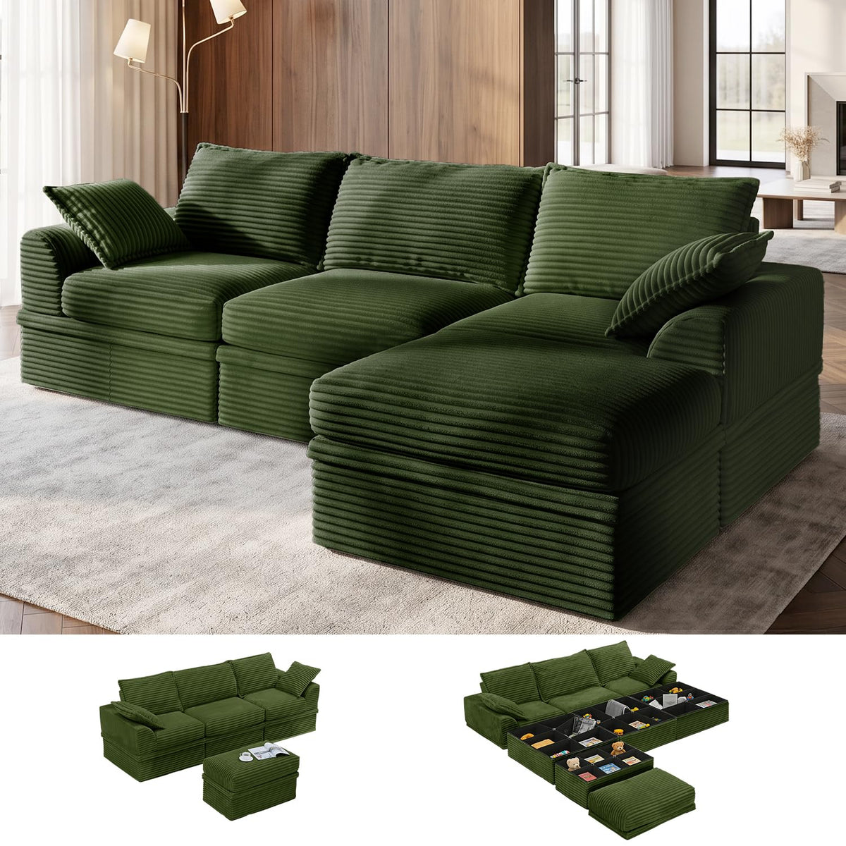 Upgraded Boneless Couch with Storage, 107" Modular Sectional Sofa Couches for Living Room, Extra Deep&High 3 Seater U-Shaped Boneless Sofa with Ottoman, Tool-Free Assembly, Black