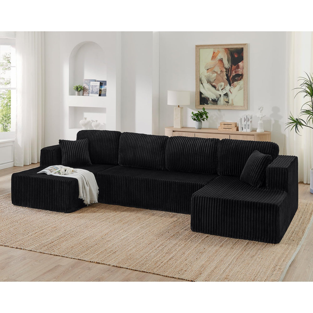 U Shape Modular Sofa Grey Corduroy 5 Seat Storage Space